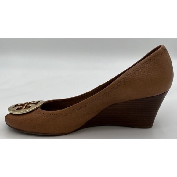 Tory Burch Brown Leather Sally Wedge Gold Logo Peep Toe Pump Women Size 10M - Picture 7 of 10